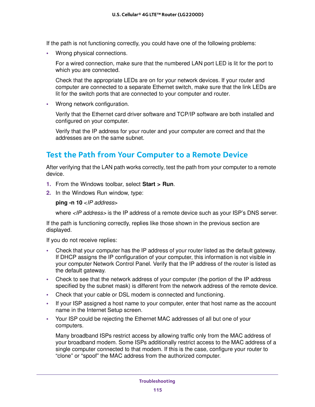 NETGEAR (LG2200D) user manual Test the Path from Your Computer to a Remote Device 