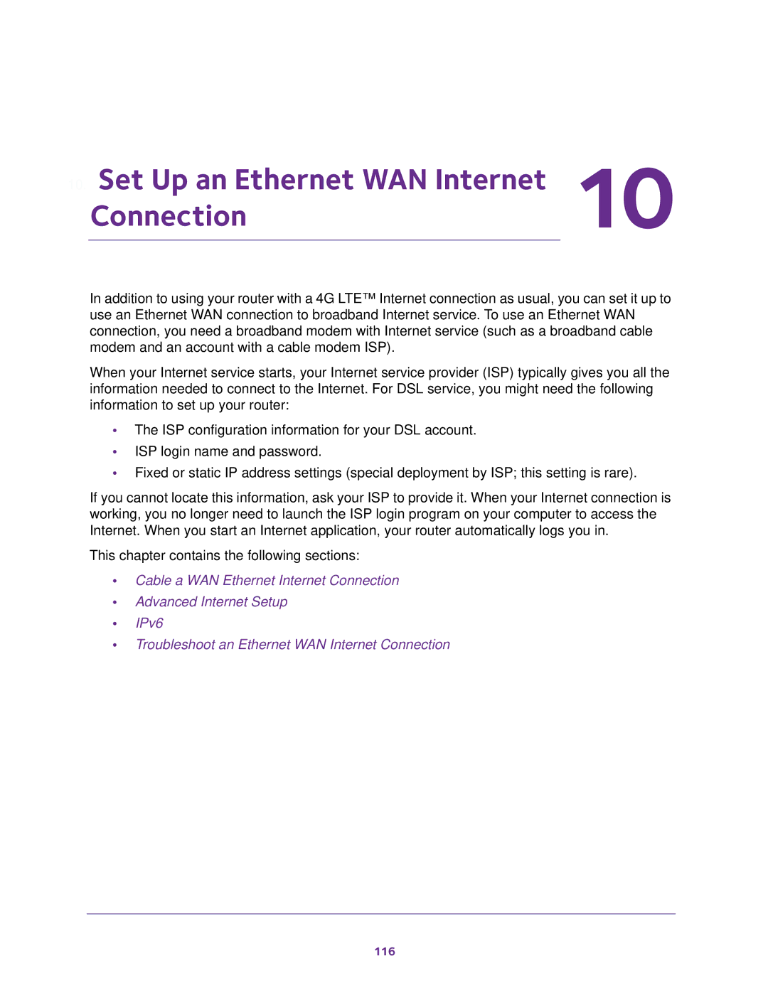 NETGEAR (LG2200D) user manual Set Up an Ethernet WAN Internet Connection 