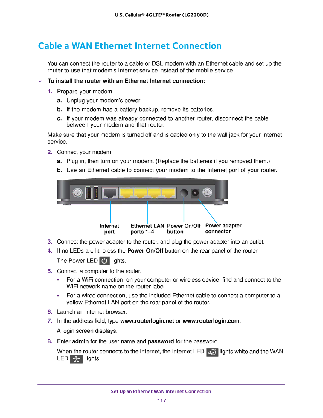 NETGEAR (LG2200D) Cable a WAN Ethernet Internet Connection,  To install the router with an Ethernet Internet connection 