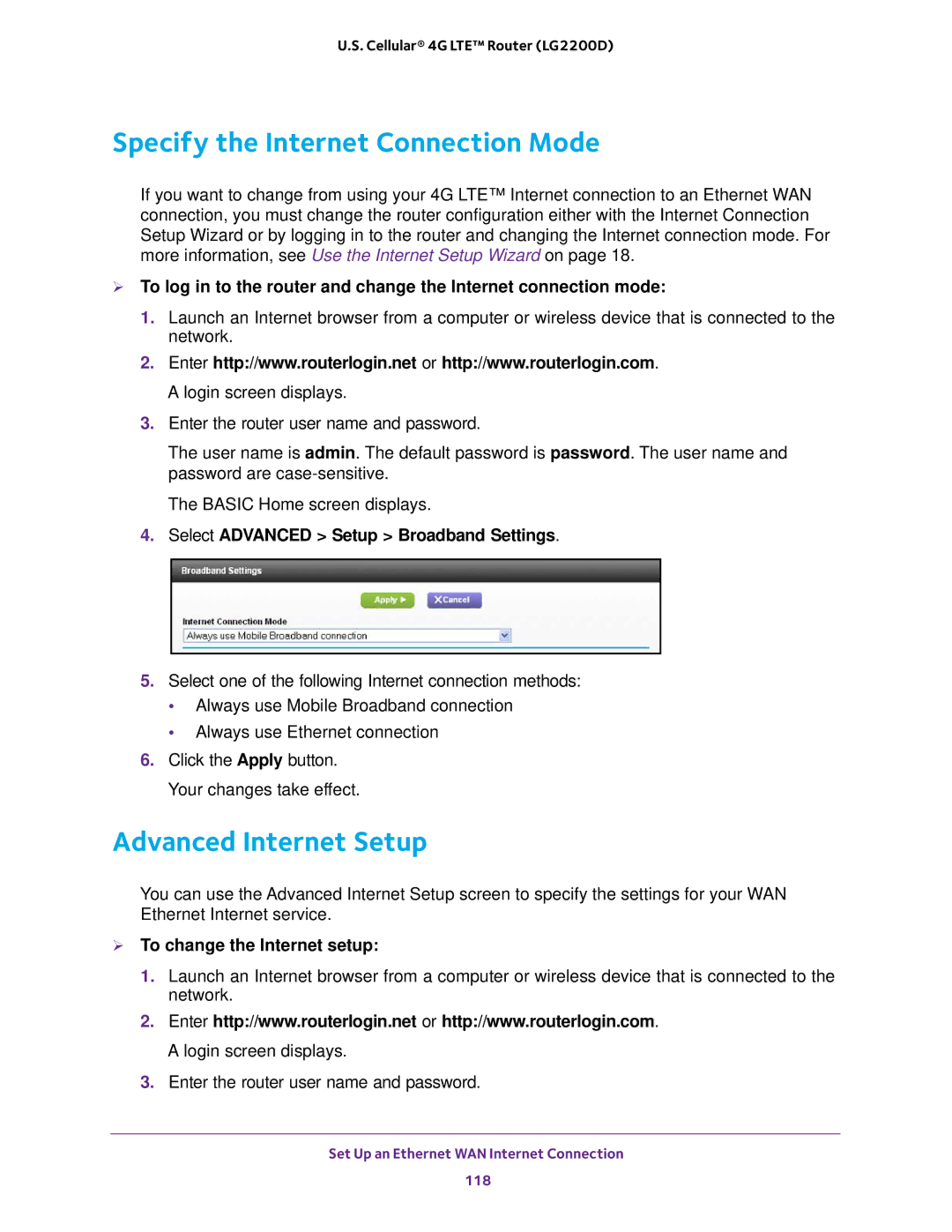 NETGEAR (LG2200D) Specify the Internet Connection Mode, Advanced Internet Setup, Select Advanced Setup Broadband Settings 