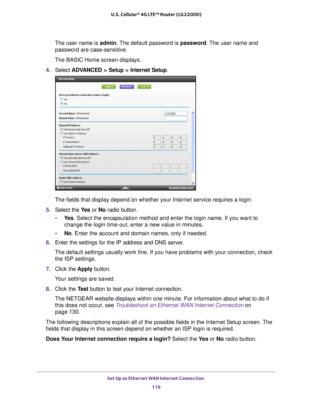 NETGEAR (LG2200D) user manual Select Advanced Setup Internet Setup 