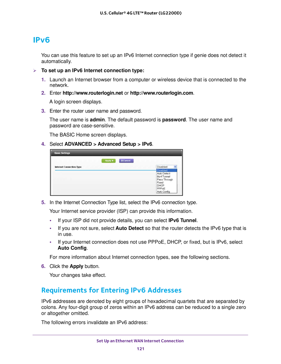 NETGEAR (LG2200D) user manual Requirements for Entering IPv6 Addresses,  To set up an IPv6 Internet connection type 