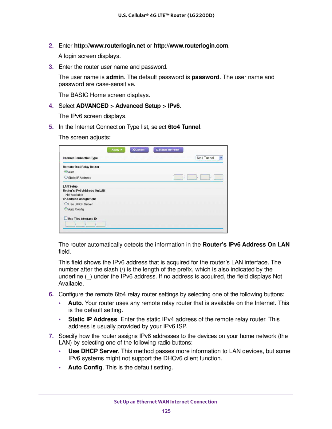 NETGEAR (LG2200D) user manual Set Up an Ethernet WAN Internet Connection 125 