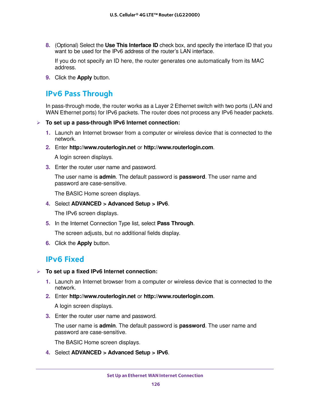 NETGEAR (LG2200D) user manual IPv6 Pass Through, IPv6 Fixed,  To set up a pass-through IPv6 Internet connection 