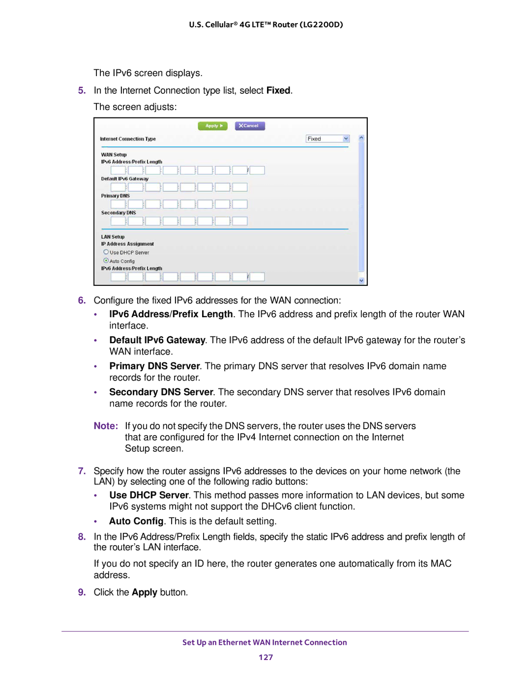 NETGEAR (LG2200D) user manual Set Up an Ethernet WAN Internet Connection 127 