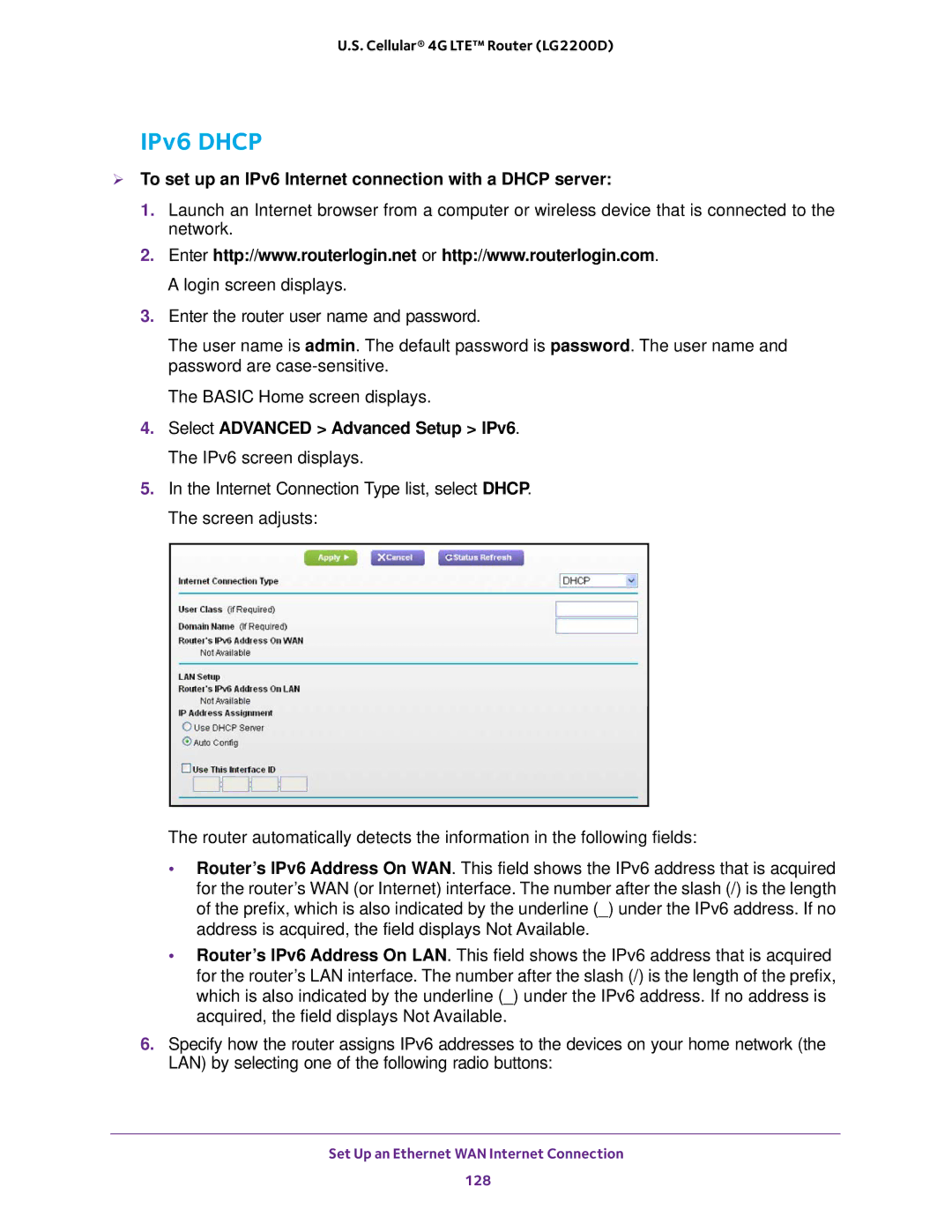 NETGEAR (LG2200D) user manual IPv6 Dhcp,  To set up an IPv6 Internet connection with a Dhcp server 