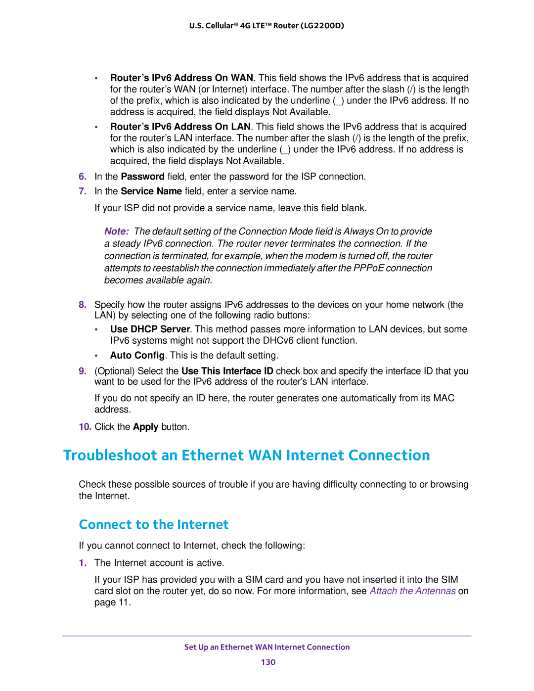 NETGEAR (LG2200D) user manual Troubleshoot an Ethernet WAN Internet Connection, Connect to the Internet 