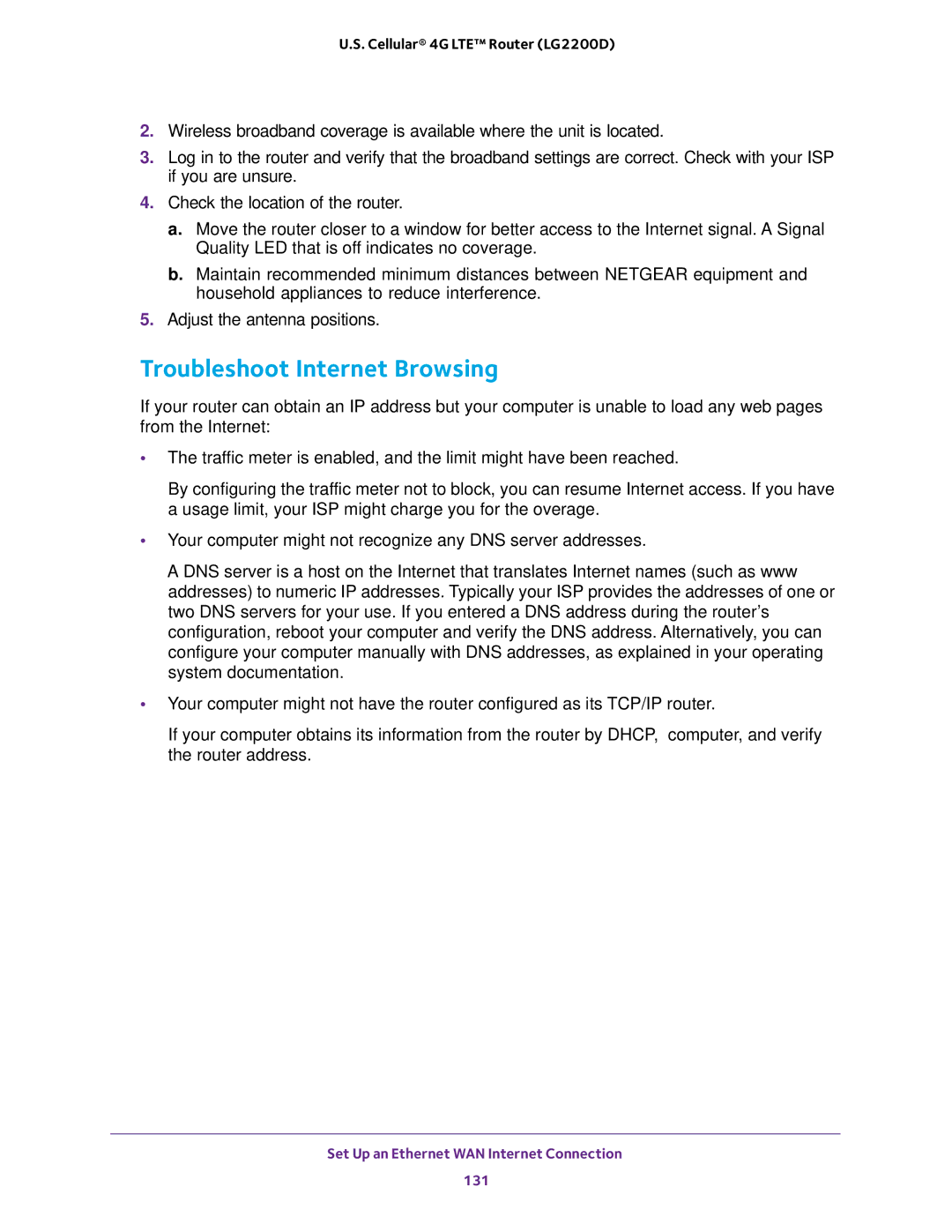 NETGEAR (LG2200D) user manual Troubleshoot Internet Browsing 