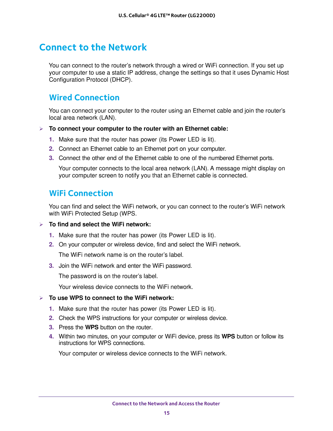 NETGEAR (LG2200D) Connect to the Network, Wired Connection, WiFi Connection,  To find and select the WiFi network 