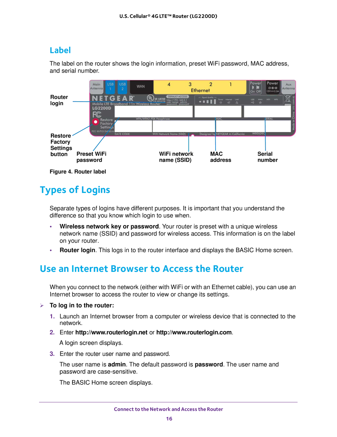 NETGEAR (LG2200D) Types of Logins, Use an Internet Browser to Access the Router, Label,  To log in to the router 