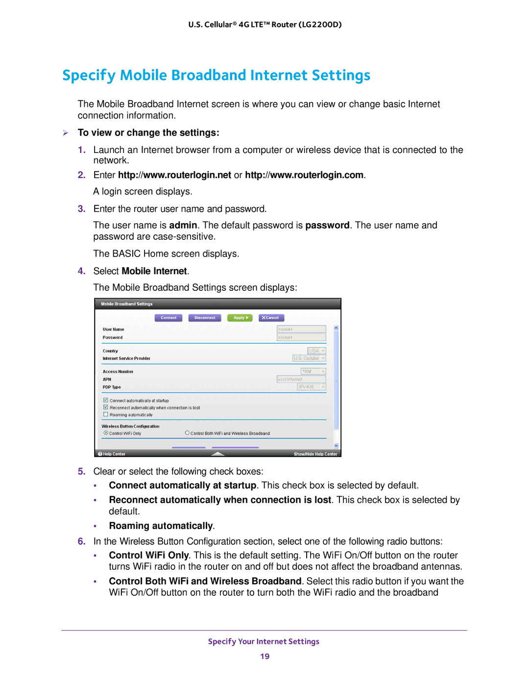 NETGEAR (LG2200D) Specify Mobile Broadband Internet Settings,  To view or change the settings, Select Mobile Internet 