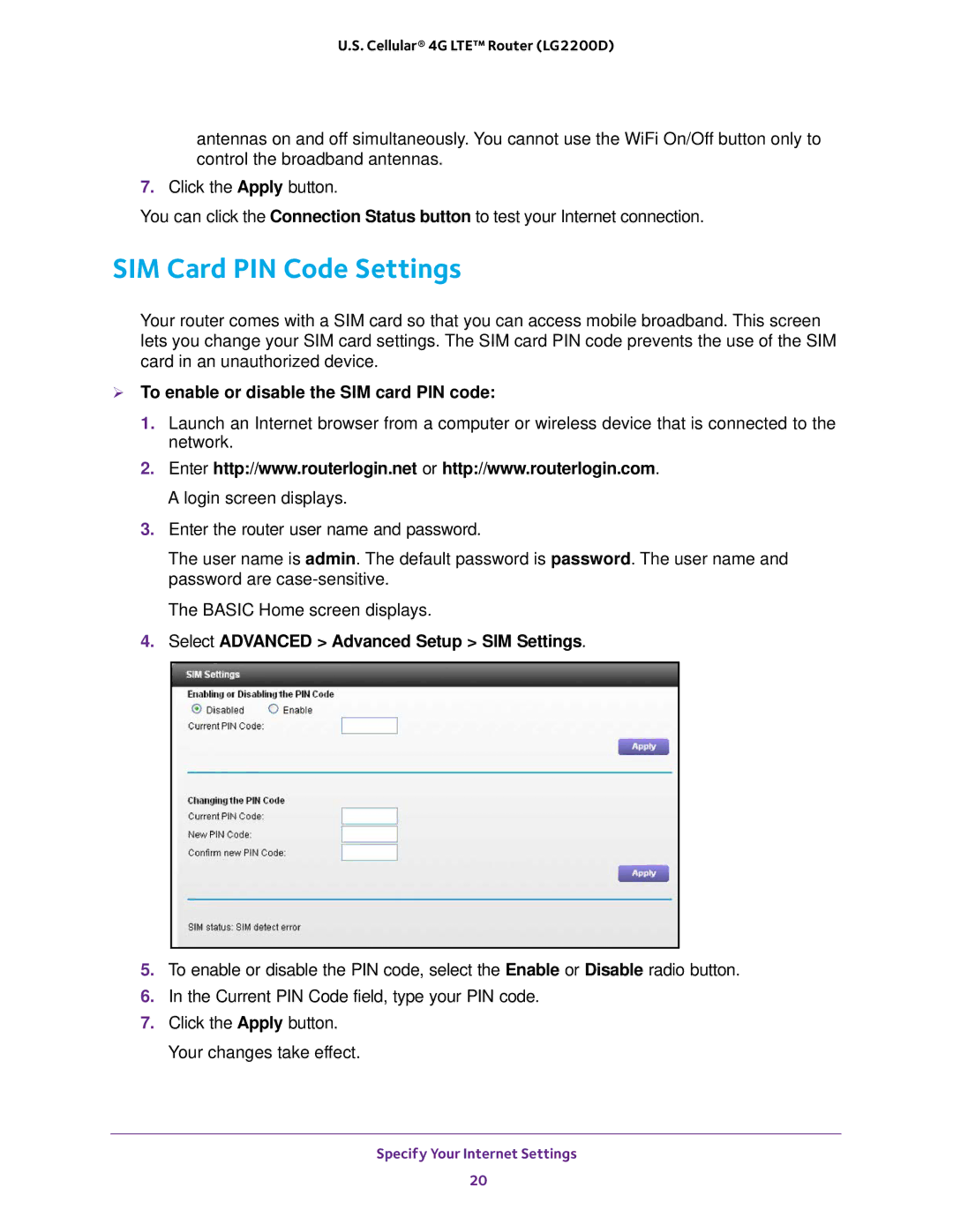 NETGEAR (LG2200D) user manual SIM Card PIN Code Settings,  To enable or disable the SIM card PIN code 