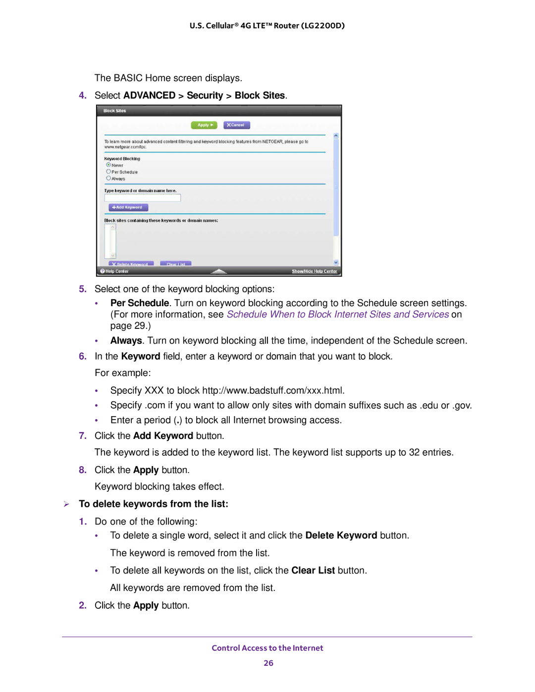 NETGEAR (LG2200D) user manual Select Advanced Security Block Sites,  To delete keywords from the list 