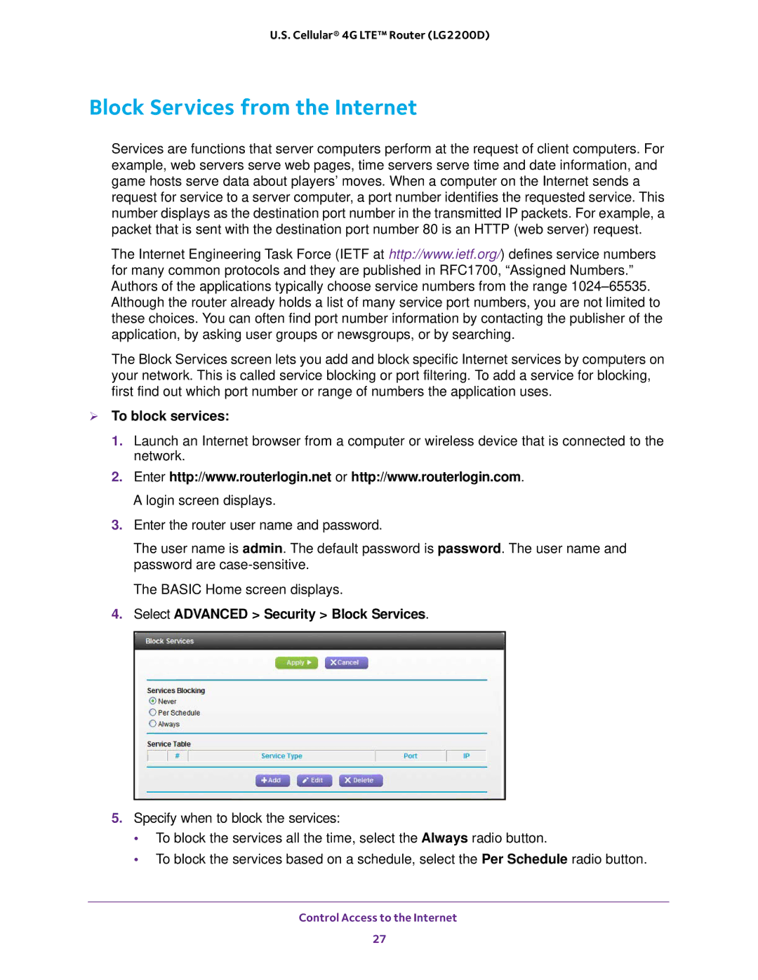 NETGEAR (LG2200D) Block Services from the Internet,  To block services, Select Advanced Security Block Services 