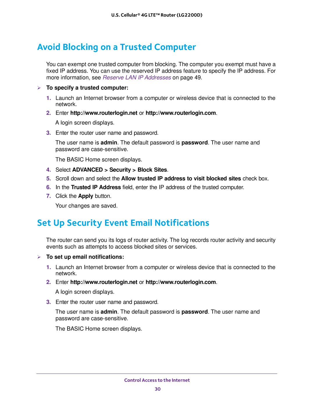 NETGEAR (LG2200D) user manual Avoid Blocking on a Trusted Computer, Set Up Security Event Email Notifications 