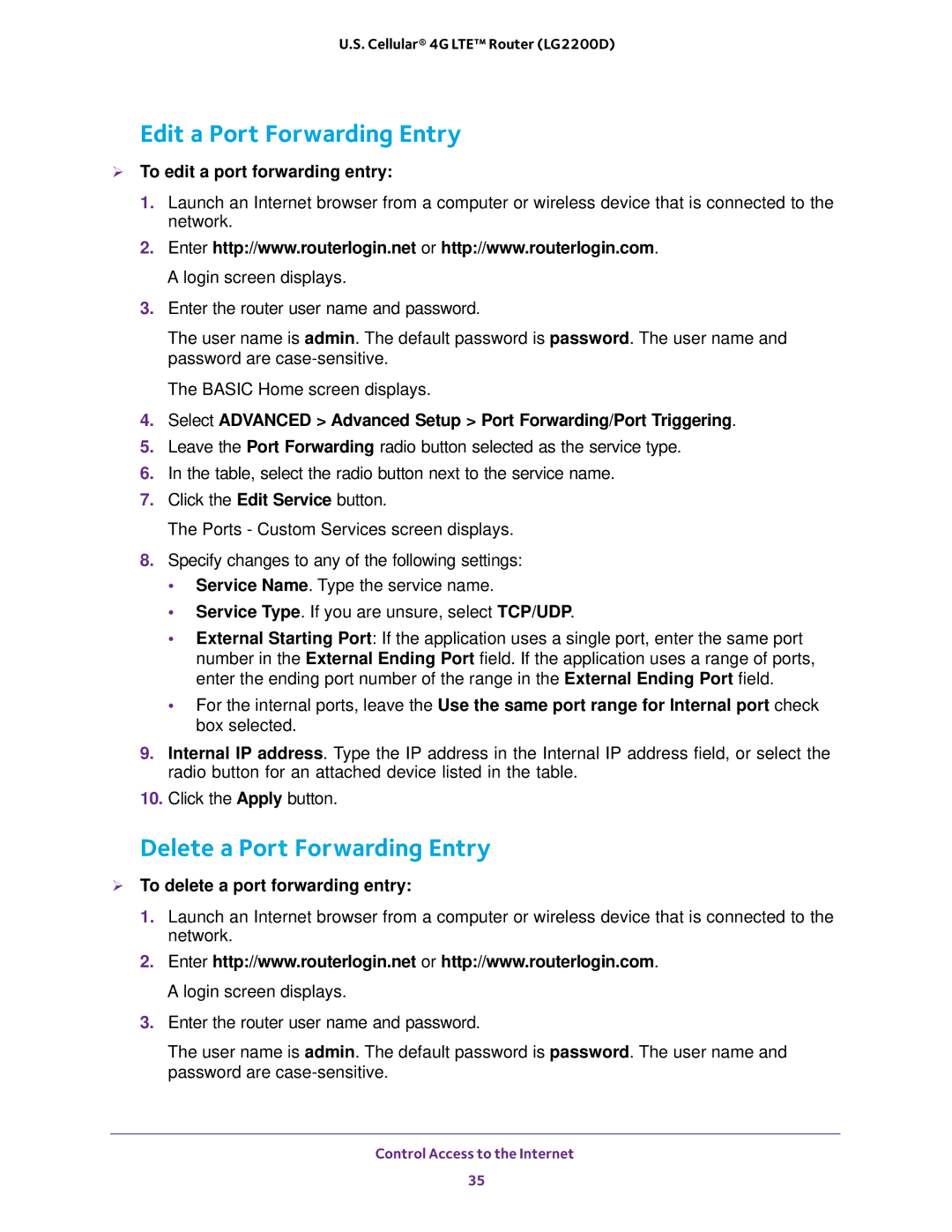 NETGEAR (LG2200D) Edit a Port Forwarding Entry, Delete a Port Forwarding Entry,  To edit a port forwarding entry 