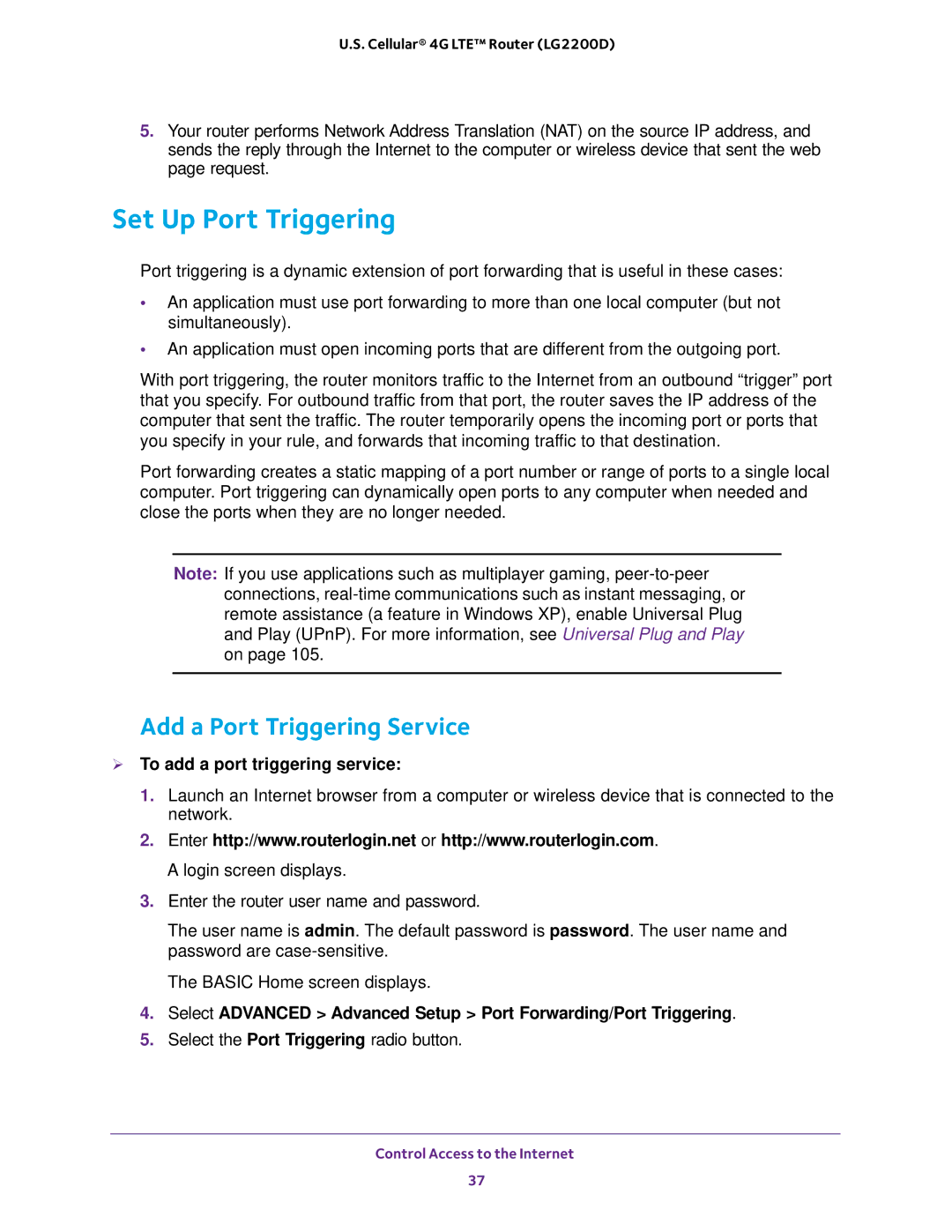 NETGEAR (LG2200D) user manual Set Up Port Triggering, Add a Port Triggering Service,  To add a port triggering service 