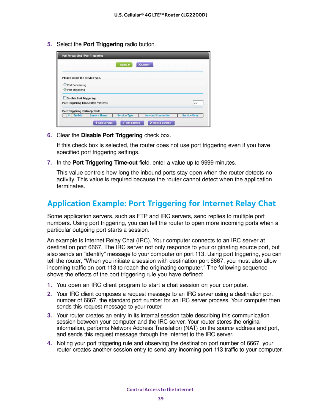 NETGEAR (LG2200D) Application Example Port Triggering for Internet Relay Chat, Clear the Disable Port Triggering check box 