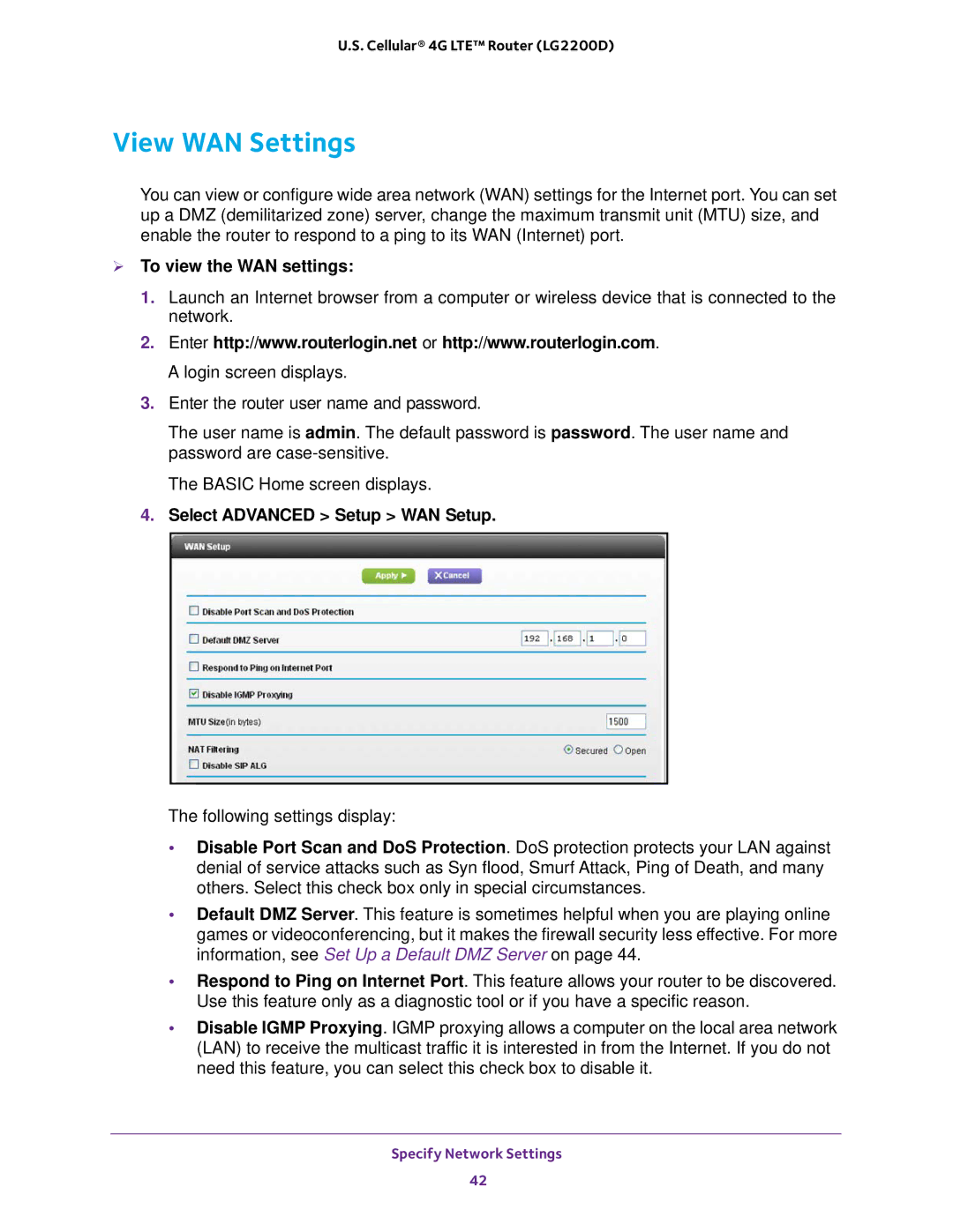 NETGEAR (LG2200D) user manual View WAN Settings,  To view the WAN settings, Select Advanced Setup WAN Setup 