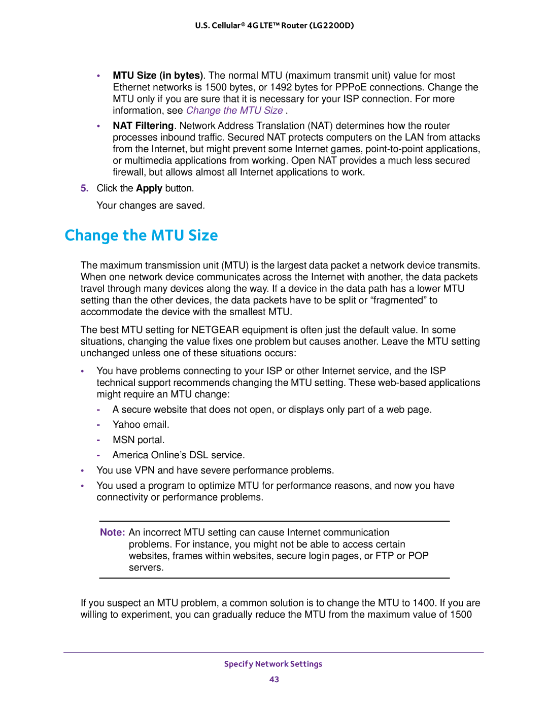 NETGEAR (LG2200D) user manual Change the MTU Size 