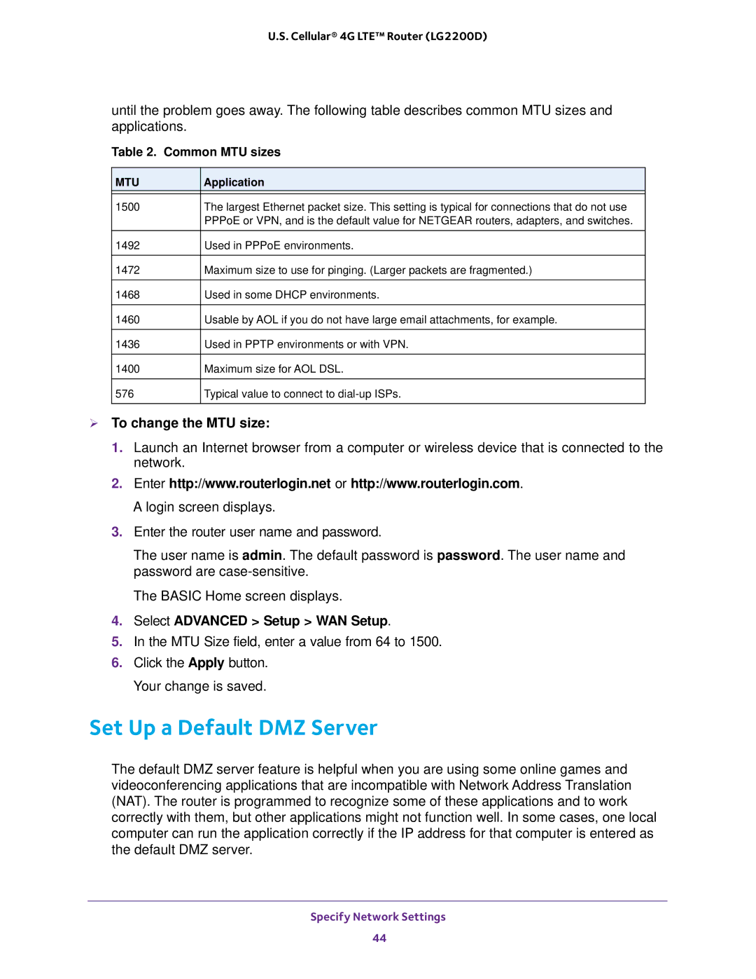 NETGEAR (LG2200D) user manual Set Up a Default DMZ Server,  To change the MTU size 