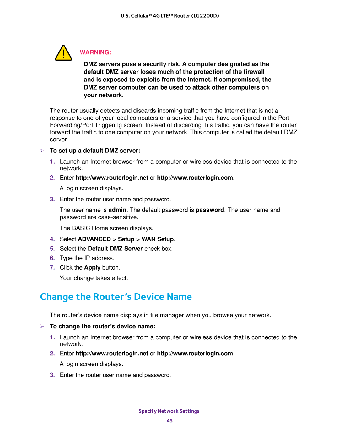 NETGEAR (LG2200D) Change the Router’s Device Name,  To set up a default DMZ server,  To change the router’s device name 