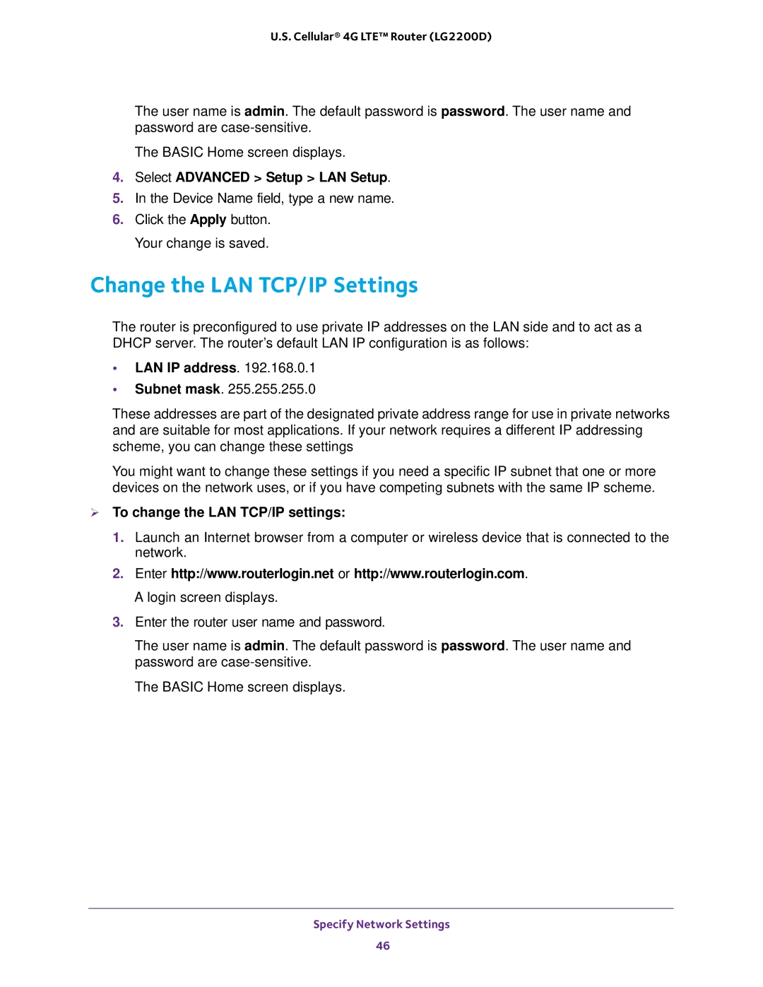 NETGEAR (LG2200D) user manual Change the LAN TCP/IP Settings, Select Advanced Setup LAN Setup, LAN IP address 