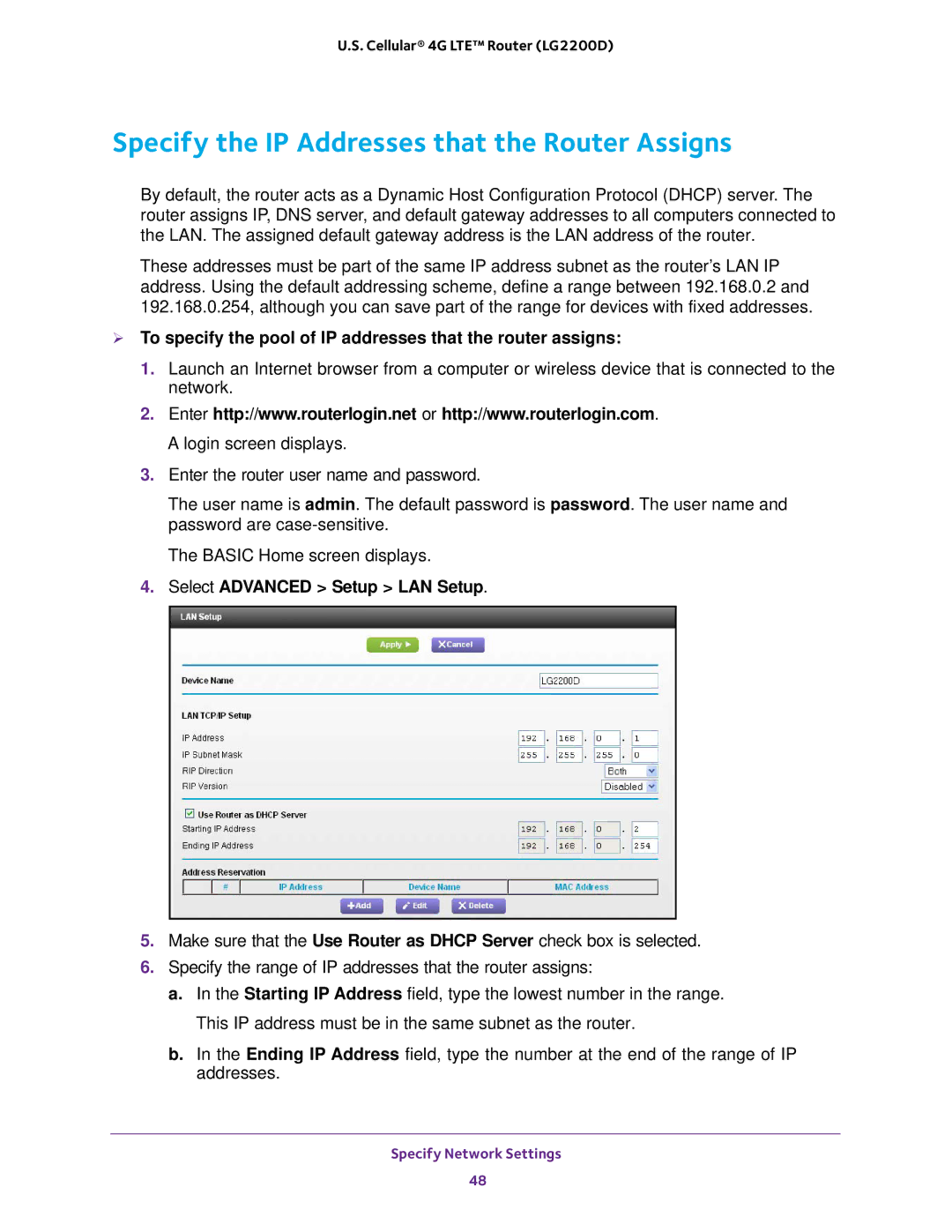 NETGEAR (LG2200D) user manual Specify the IP Addresses that the Router Assigns 