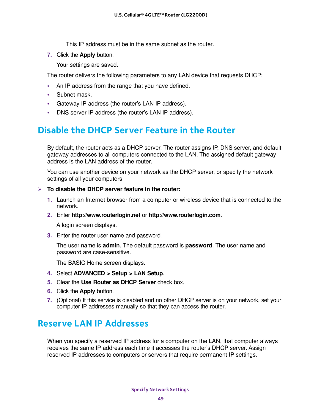 NETGEAR (LG2200D) user manual Disable the Dhcp Server Feature in the Router, Reserve LAN IP Addresses 