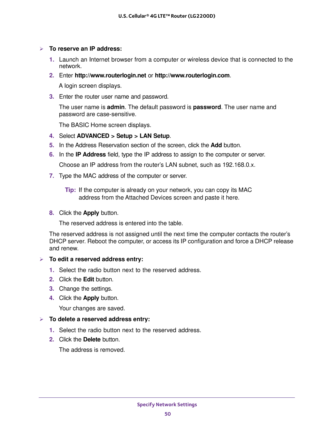 NETGEAR (LG2200D)  To reserve an IP address,  To edit a reserved address entry,  To delete a reserved address entry 