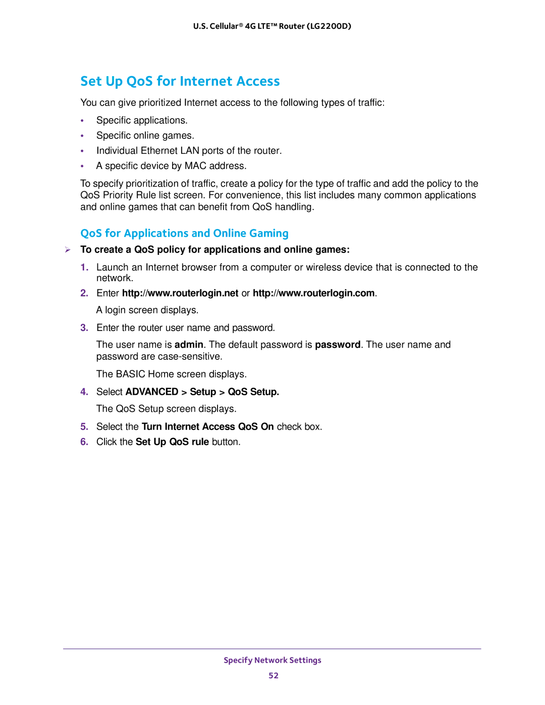 NETGEAR (LG2200D) user manual Set Up QoS for Internet Access,  To create a QoS policy for applications and online games 