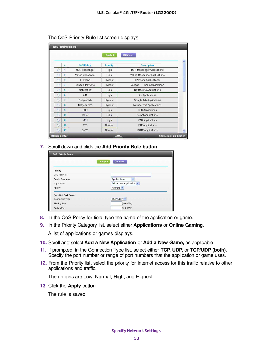 NETGEAR (LG2200D) user manual Specify Network Settings 