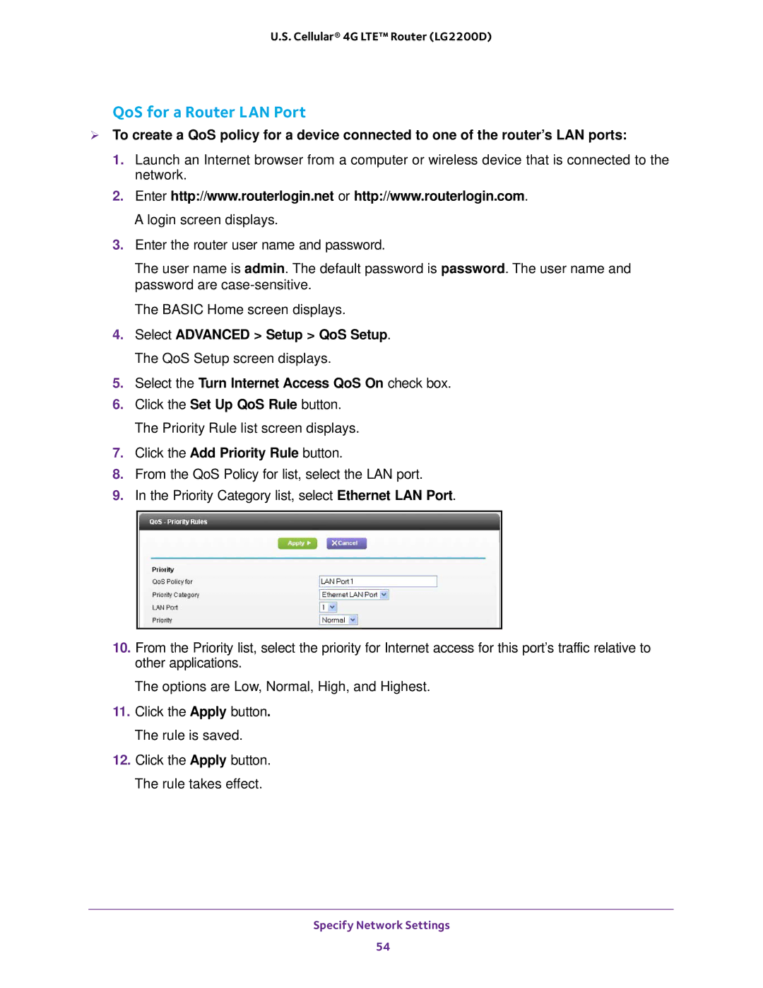 NETGEAR (LG2200D) user manual QoS for a Router LAN Port, Click the Add Priority Rule button 