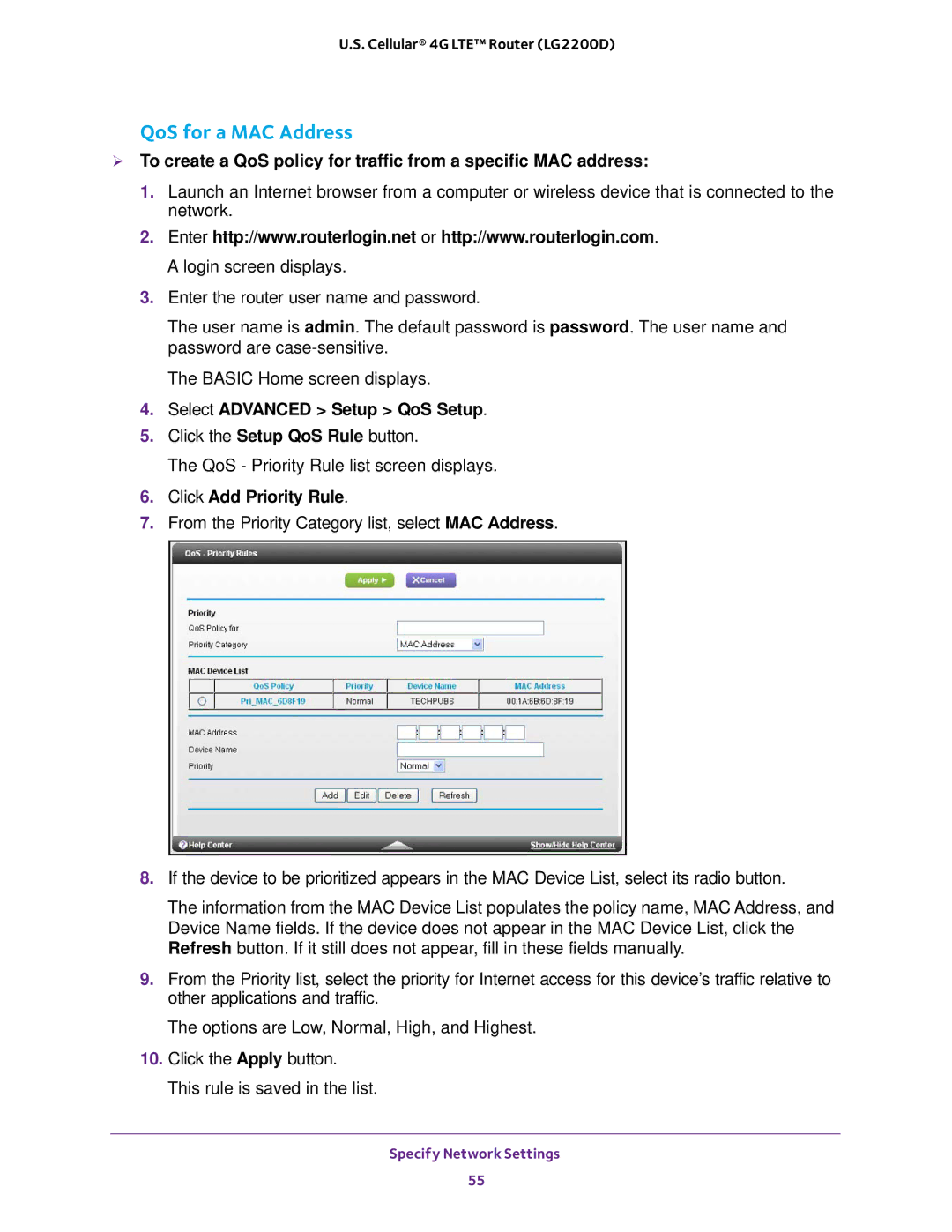 NETGEAR (LG2200D) user manual QoS for a MAC Address, Click Add Priority Rule 