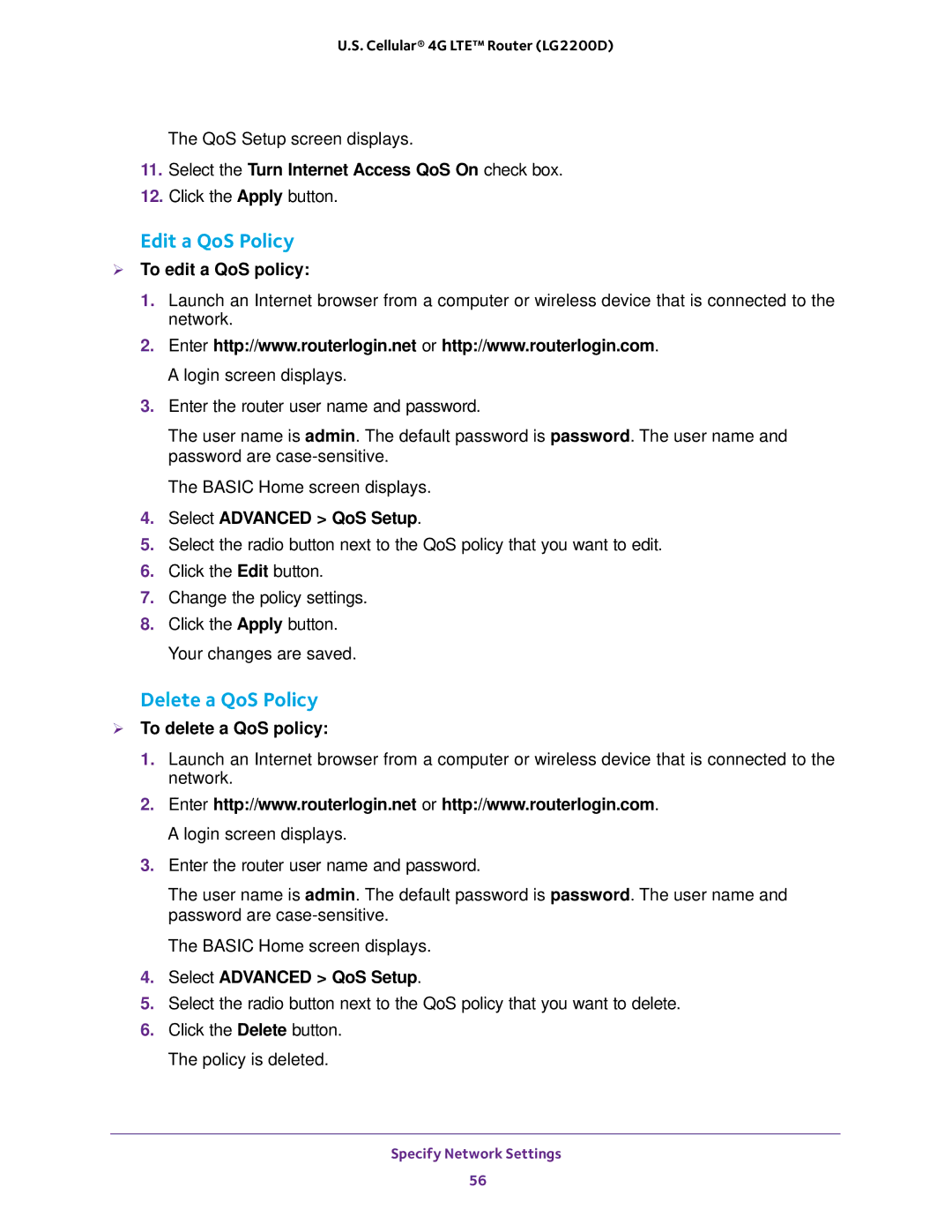 NETGEAR (LG2200D) user manual  To edit a QoS policy, Select Advanced QoS Setup,  To delete a QoS policy 