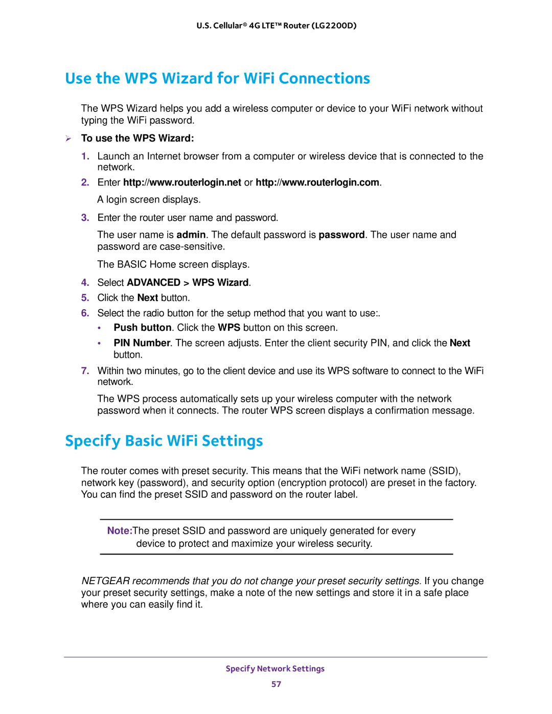 NETGEAR (LG2200D) user manual Use the WPS Wizard for WiFi Connections, Specify Basic WiFi Settings,  To use the WPS Wizard 