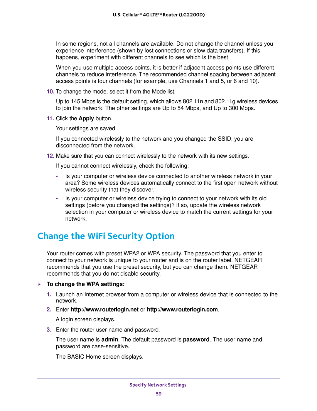 NETGEAR (LG2200D) user manual Change the WiFi Security Option,  To change the WPA settings 