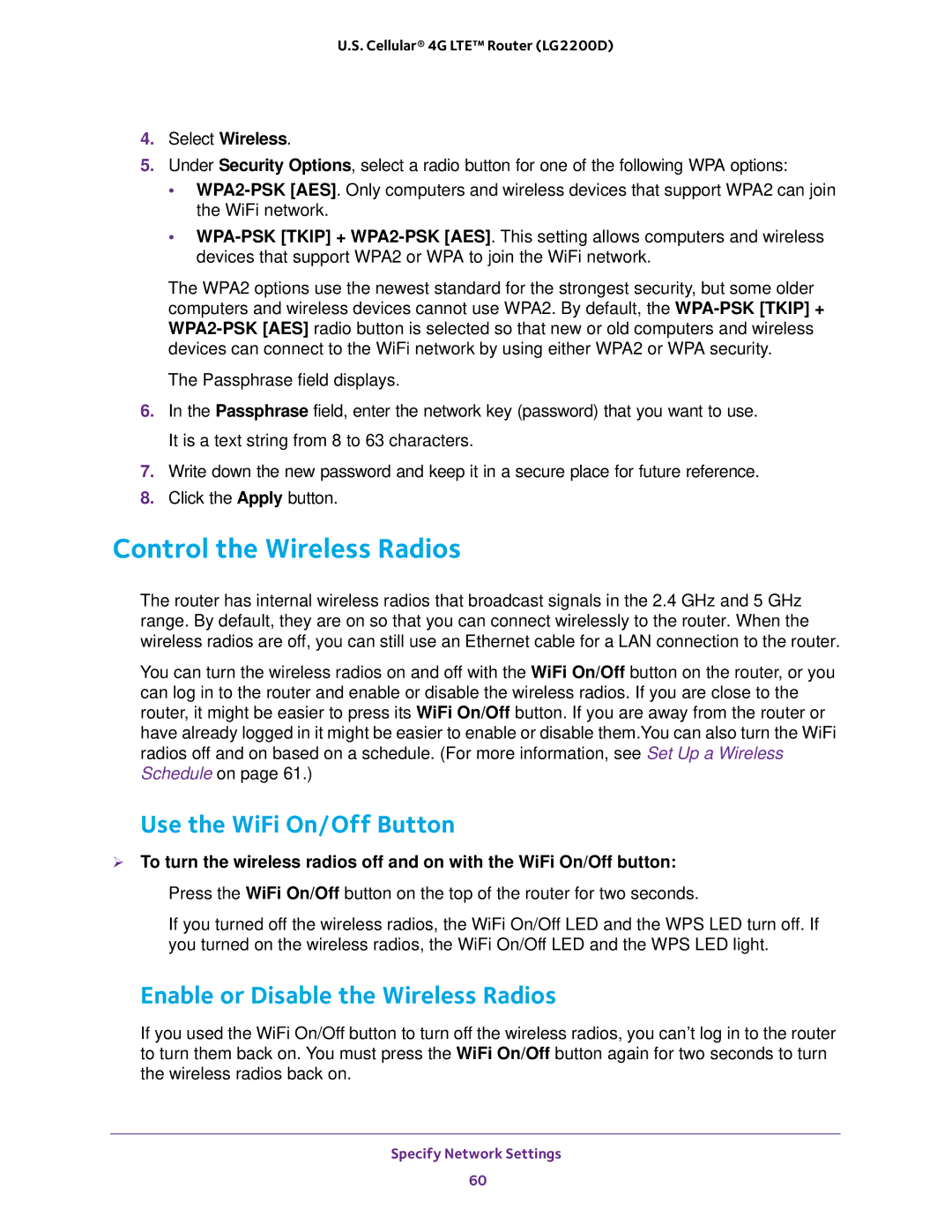 NETGEAR (LG2200D) Control the Wireless Radios, Use the WiFi On/Off Button, Enable or Disable the Wireless Radios 