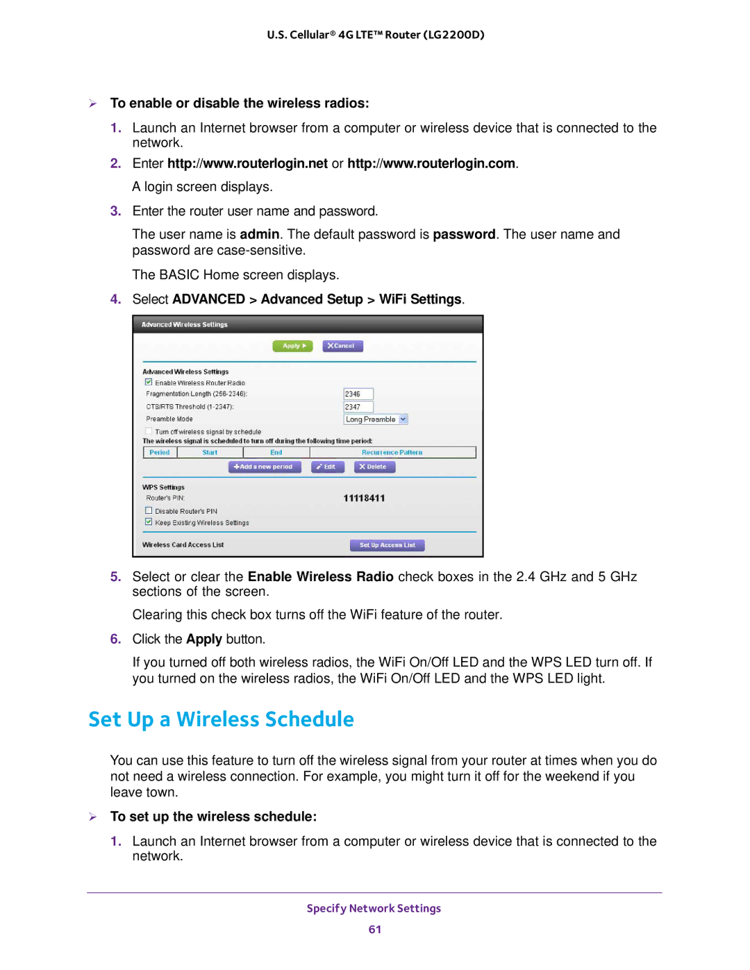 NETGEAR (LG2200D) user manual Set Up a Wireless Schedule,  To enable or disable the wireless radios 