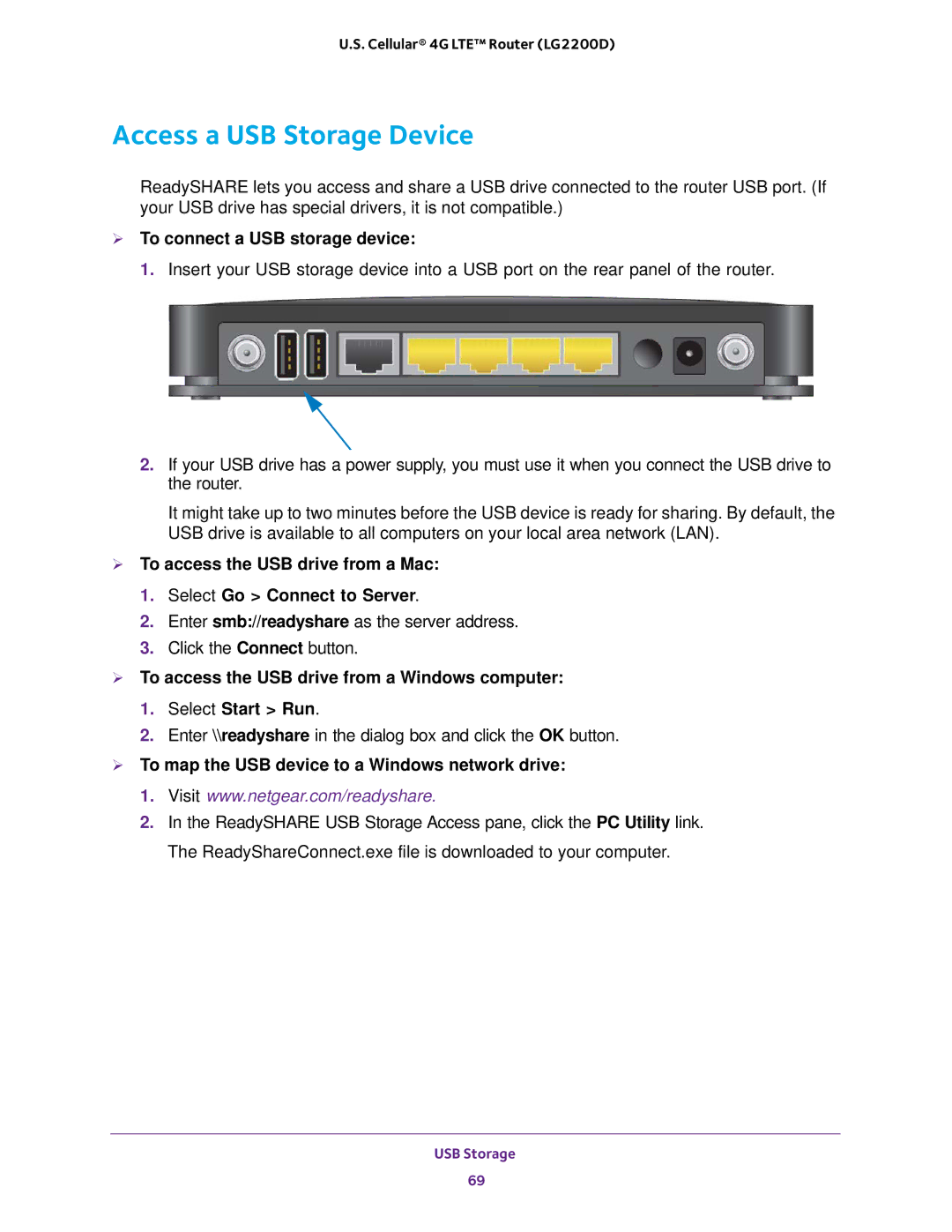 NETGEAR (LG2200D) user manual Access a USB Storage Device,  To connect a USB storage device 