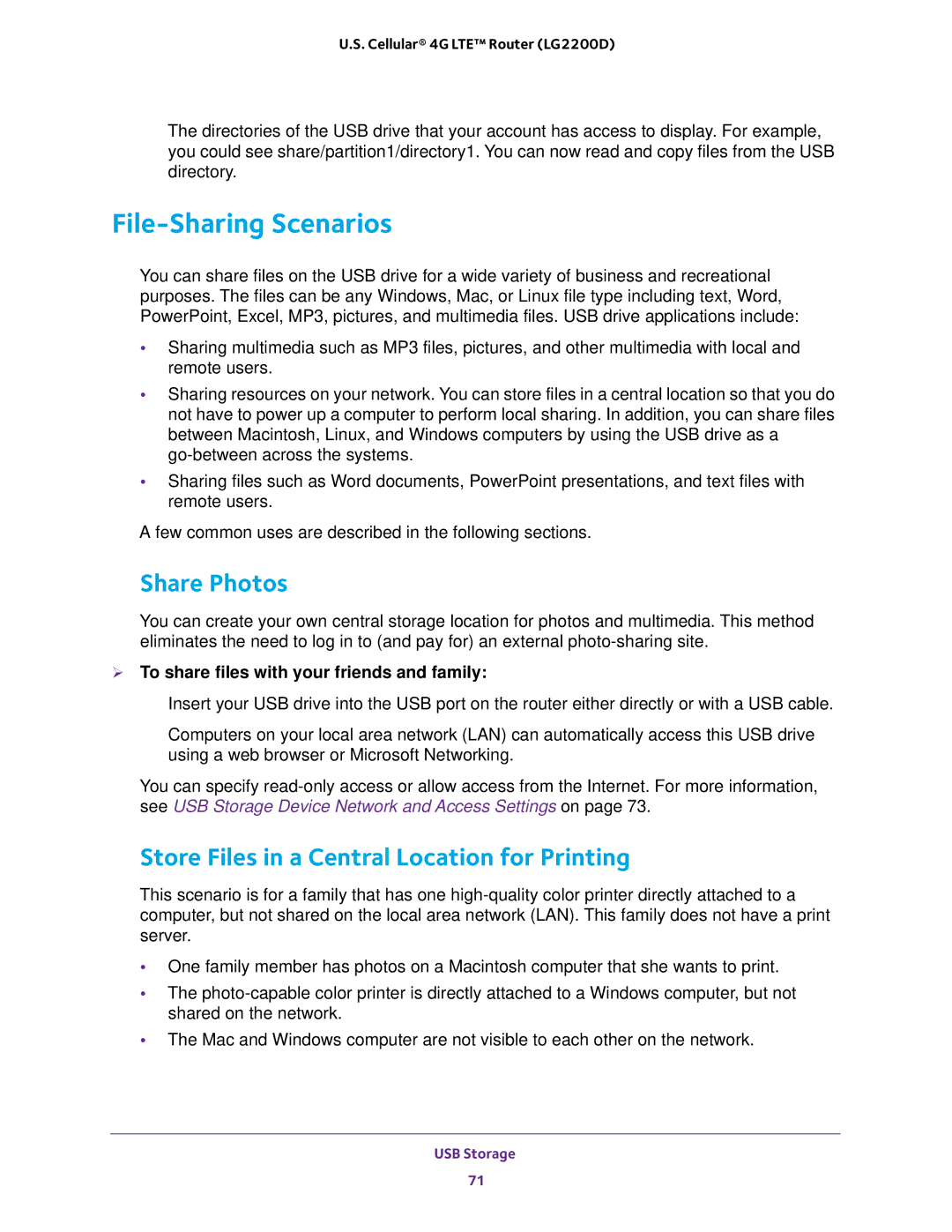 NETGEAR (LG2200D) user manual File-Sharing Scenarios, Share Photos, Store Files in a Central Location for Printing 