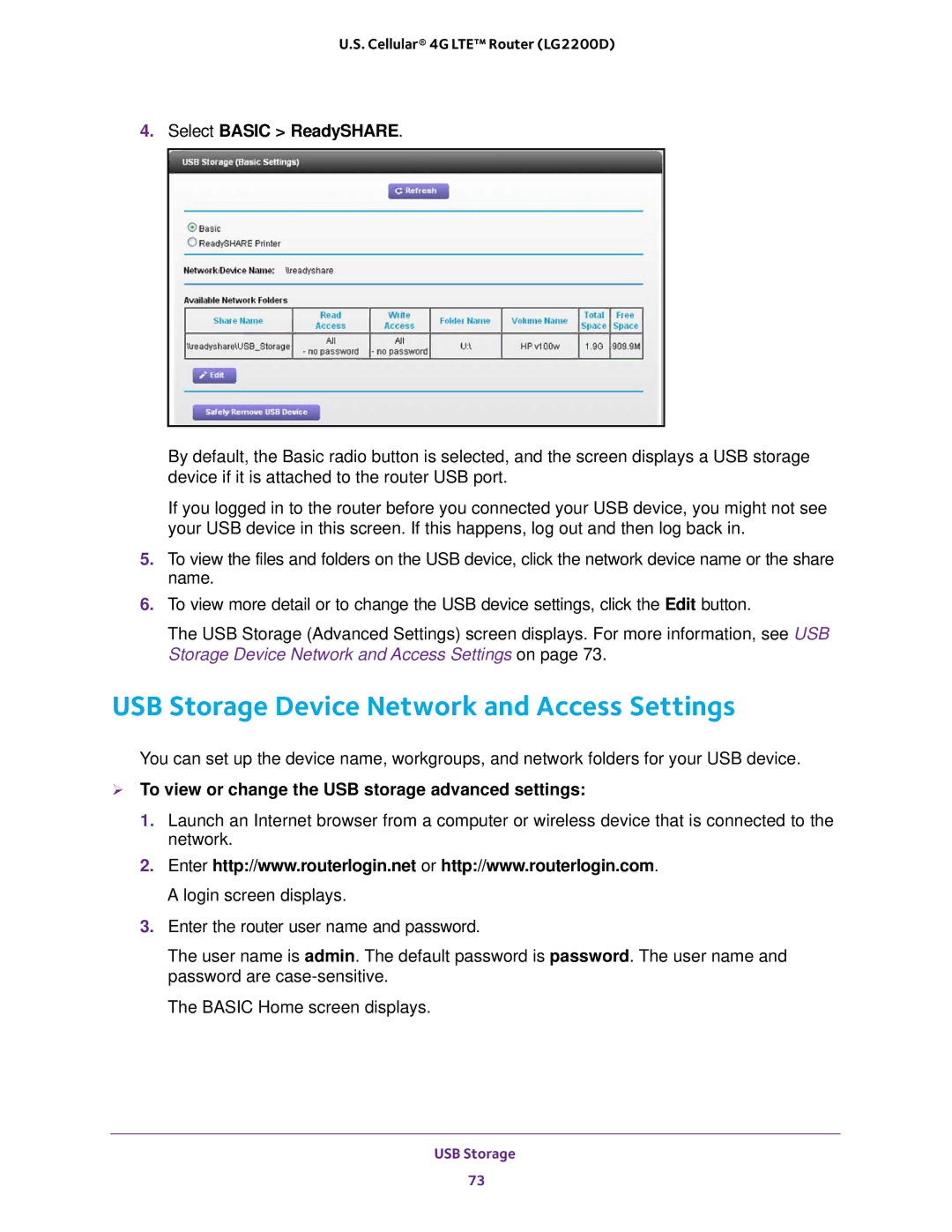 NETGEAR (LG2200D) user manual USB Storage Device Network and Access Settings, Select Basic ReadySHARE 