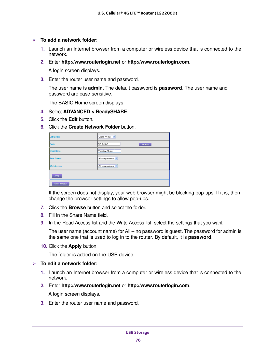 NETGEAR (LG2200D) user manual  To add a network folder, Select Advanced ReadySHARE, Click the Create Network Folder button 