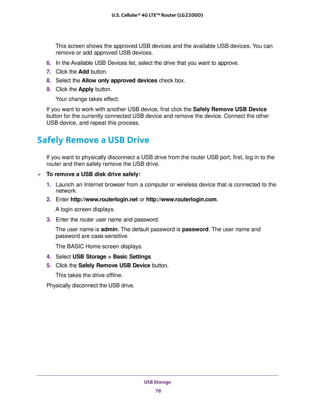 NETGEAR (LG2200D) user manual Safely Remove a USB Drive, Select the Allow only approved devices check box 