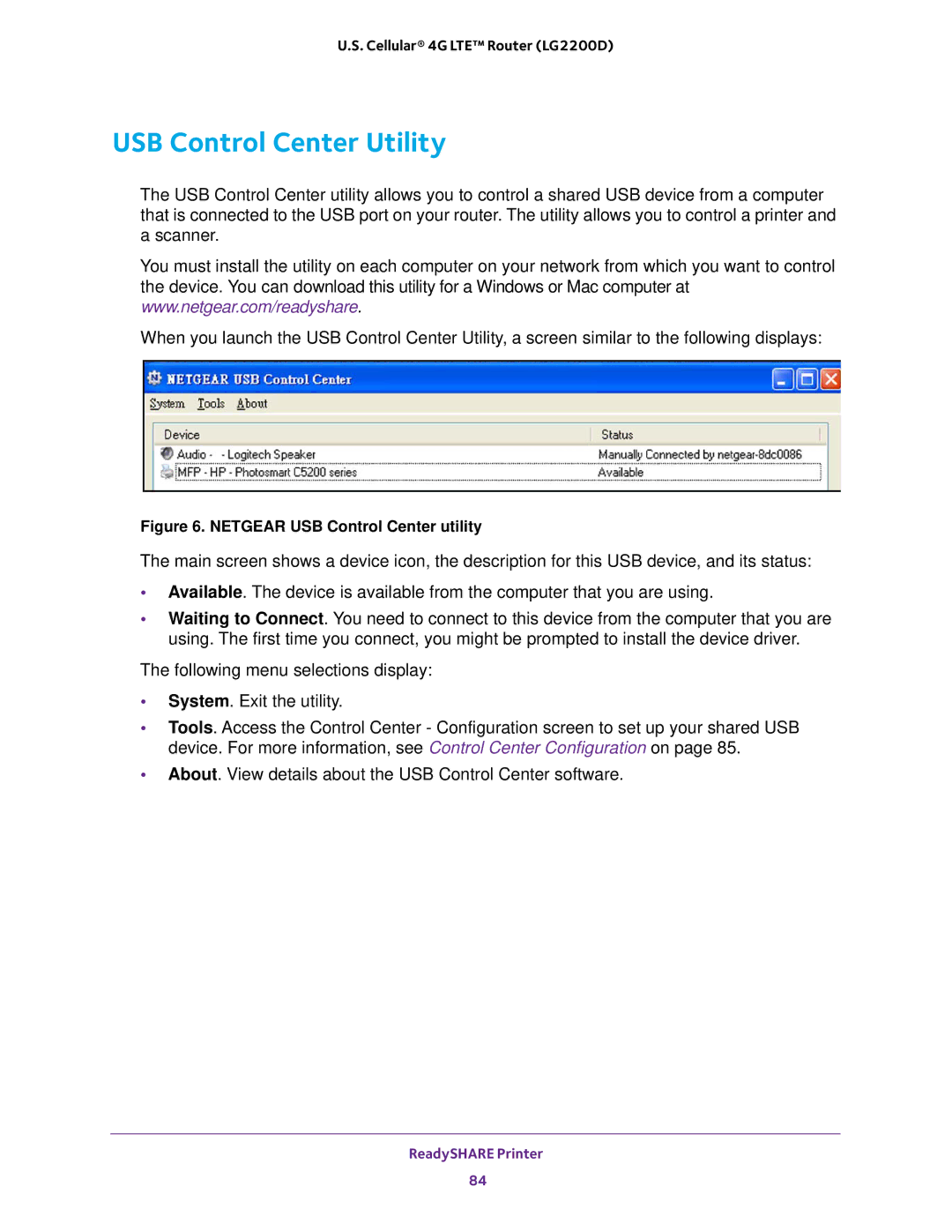 NETGEAR (LG2200D) user manual USB Control Center Utility, Netgear USB Control Center utility 