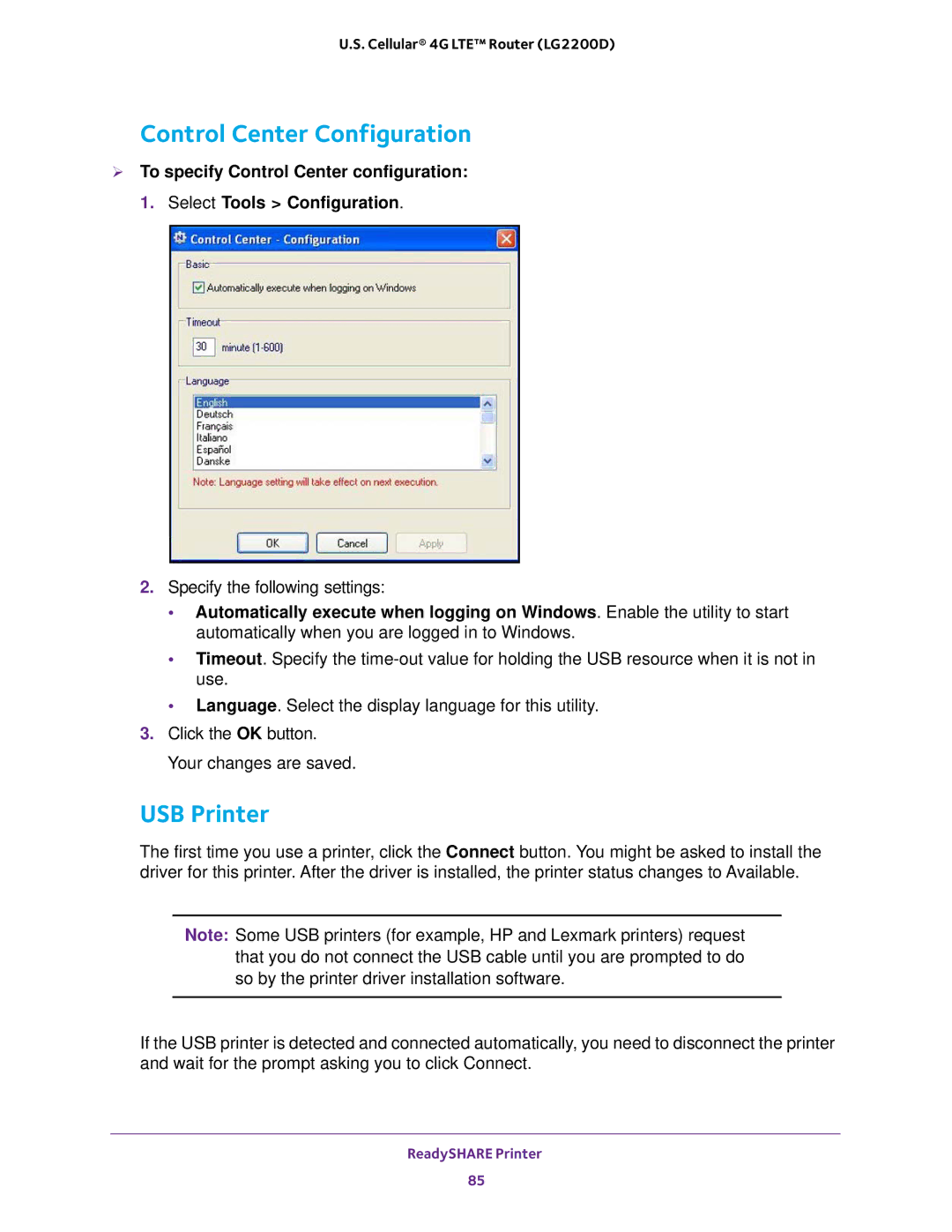 NETGEAR (LG2200D) user manual Control Center Configuration, USB Printer 