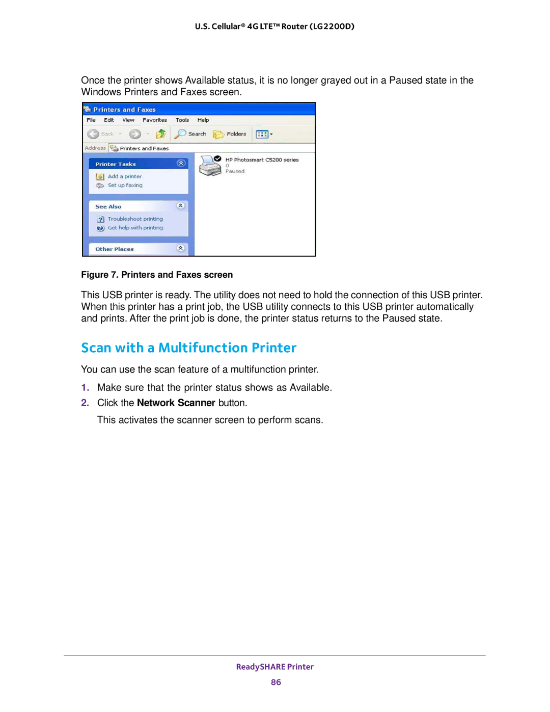 NETGEAR (LG2200D) user manual Scan with a Multifunction Printer, Printers and Faxes screen 