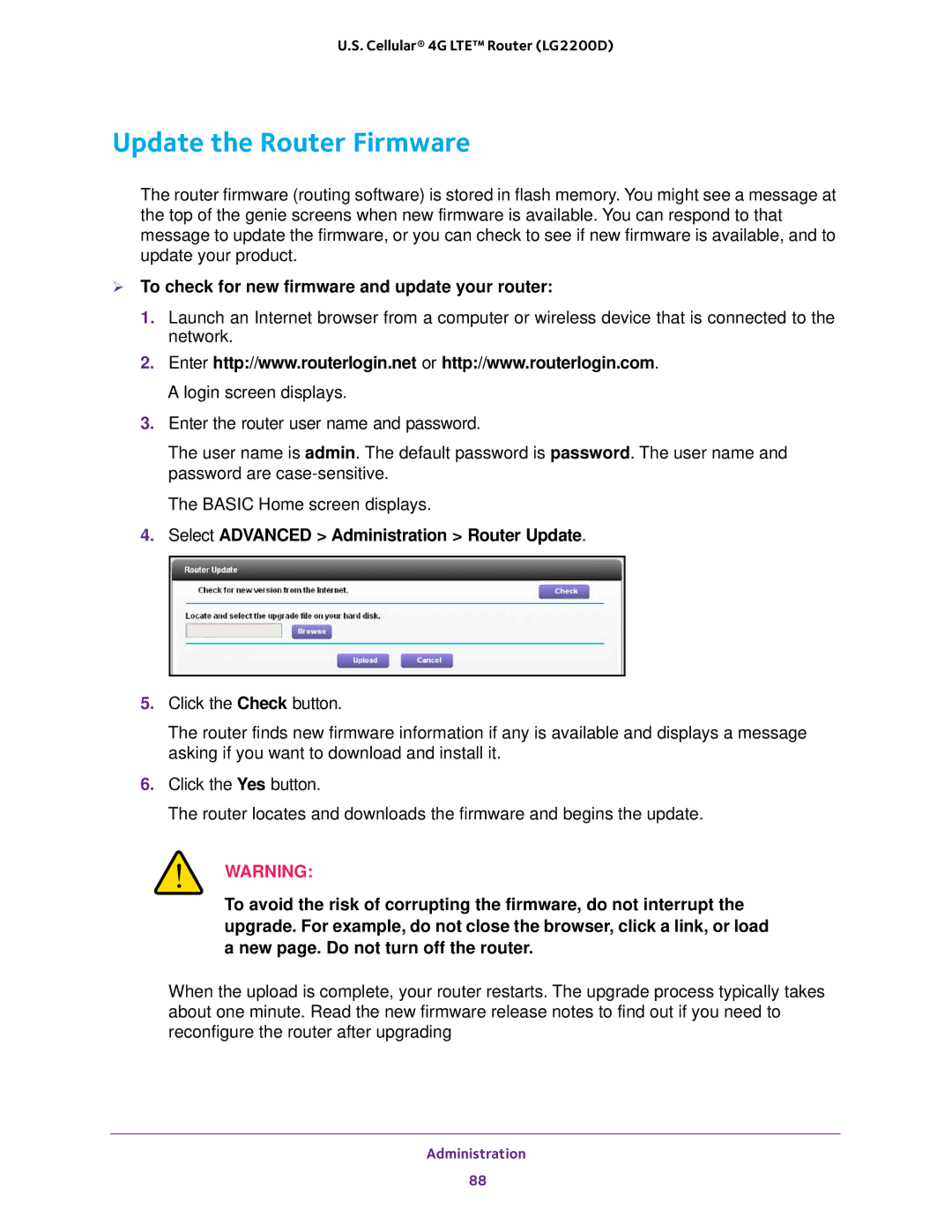 NETGEAR (LG2200D) user manual Update the Router Firmware,  To check for new firmware and update your router 