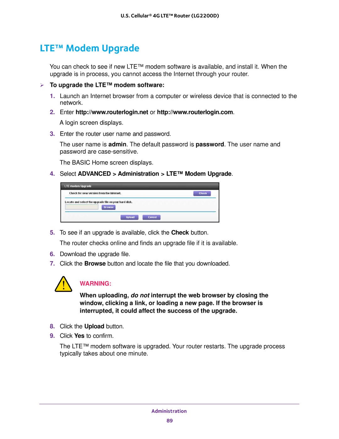 NETGEAR (LG2200D) user manual  To upgrade the LTE modem software, Select Advanced Administration LTE Modem Upgrade 