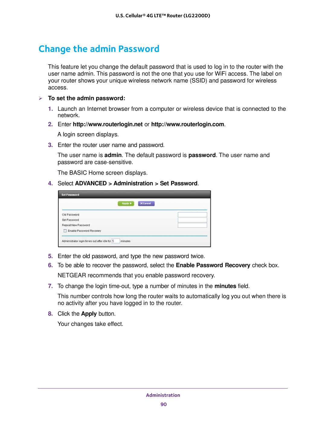 NETGEAR (LG2200D) Change the admin Password,  To set the admin password, Select Advanced Administration Set Password 